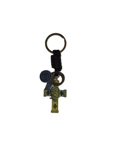 LEATHER KEYCHAIN METAL CROSS CHRIST FACE