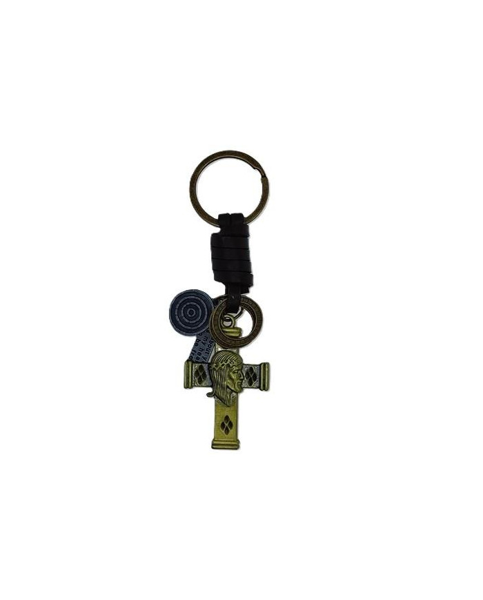 LEATHER KEYCHAIN METAL CROSS CHRIST FACE