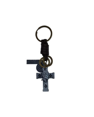 LEATHER KEYCHAIN METAL CROSS CHRIST FACE