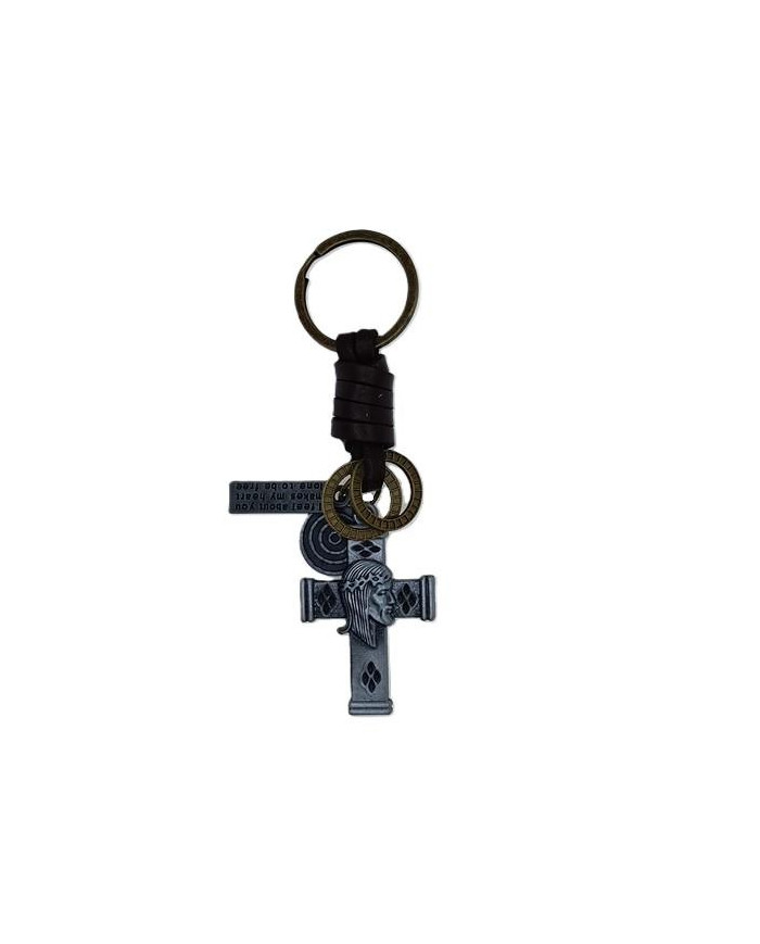LEATHER KEYCHAIN METAL CROSS CHRIST FACE