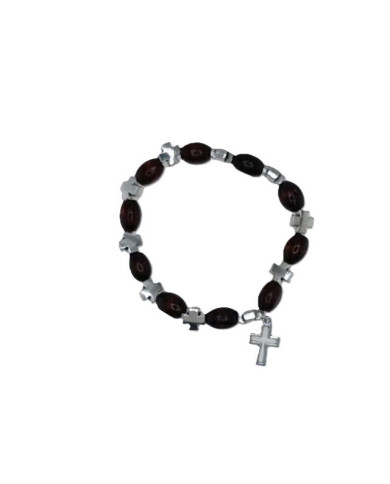 ELASTIC DECADE BRACELET WOODEN OVAL 8X10MM WITH CROSSES