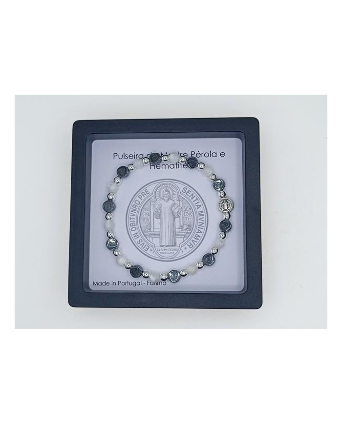 PUL DEZENA ELAST MADRE PEROLA 5MM E HEMATITE ROSA