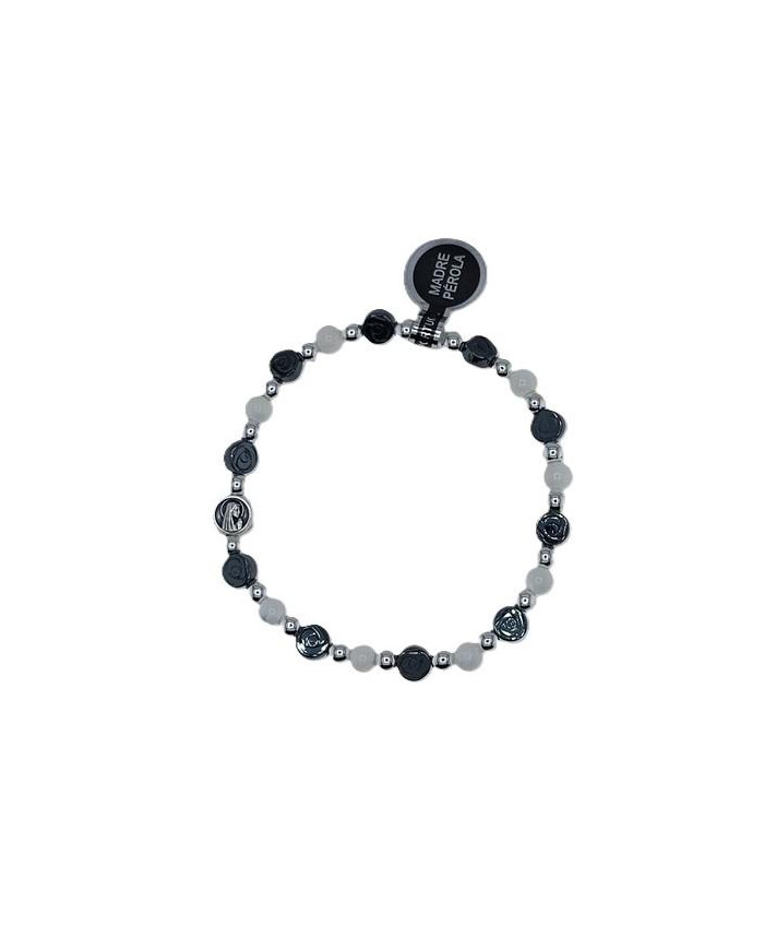 PUL DEZENA ELAST MADRE PEROLA 5MM E HEMATITE ROSA