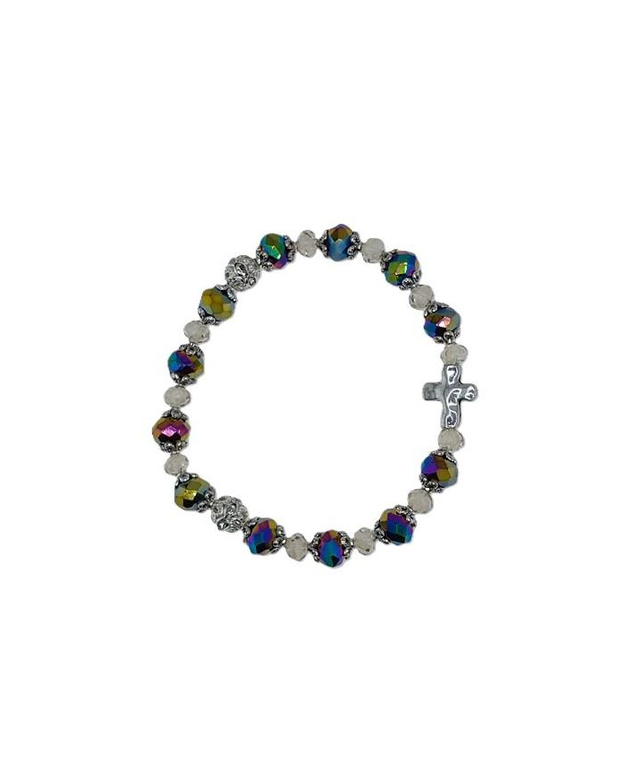 ELASTIC BRACELET CRYSTAL 8X6MM + CRYSTAL 6X4MM WITH RING AND CROSS